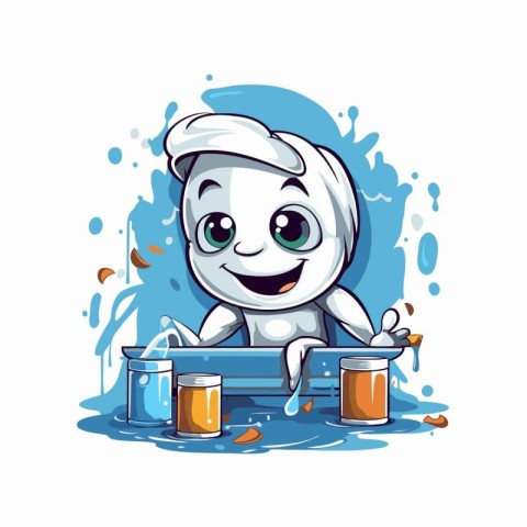 Cute cartoon chef with a bucket of water. Vector illustration.