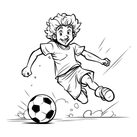 Cartoon soccer player with ball. Black and white vector illustra