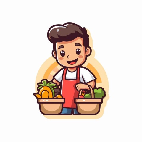 Cute boy holding basket full of fresh fruits and vegetables. Vec