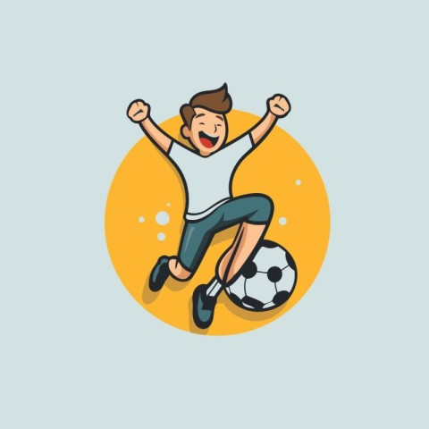 Cheerful boy playing soccer. Vector illustration in cartoon styl