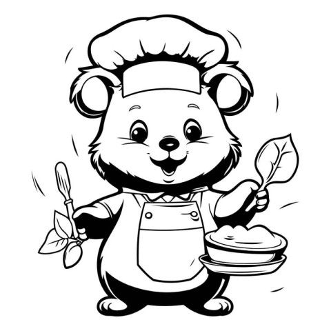 Black and White Cartoon Illustration of Cute Animal Chef with Sp