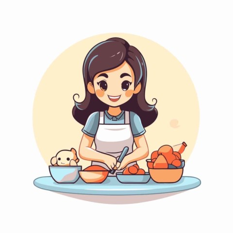 Girl cooking in the kitchen. Cute cartoon character. Vector illu