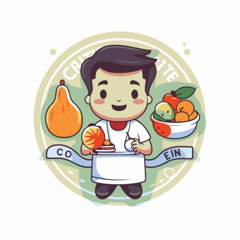 Cute boy chef with fresh fruits. Vector illustration in cartoon