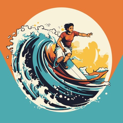 Surfer riding on a wave. Vector illustration in retro style.