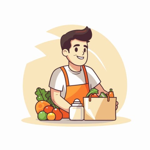 Man in apron with shopping bag full of fresh vegetables. Vector