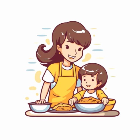 Happy family cooking together. Mother and daughter in kitchen. V