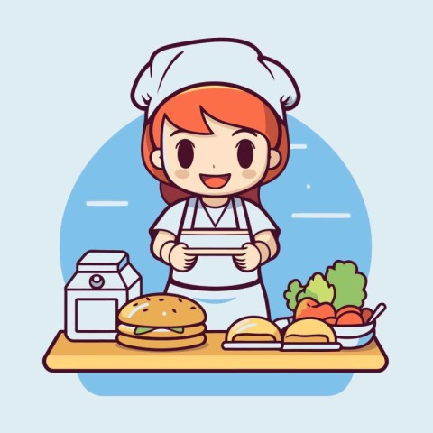 Cute cartoon chef girl cooking in the kitchen. Vector illustrati