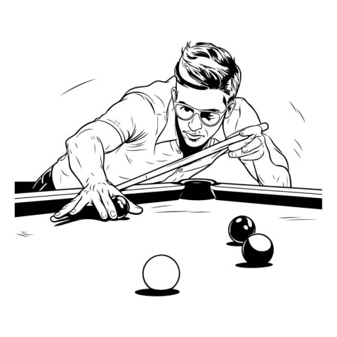 Young man playing billiards. Black and white vector illustration