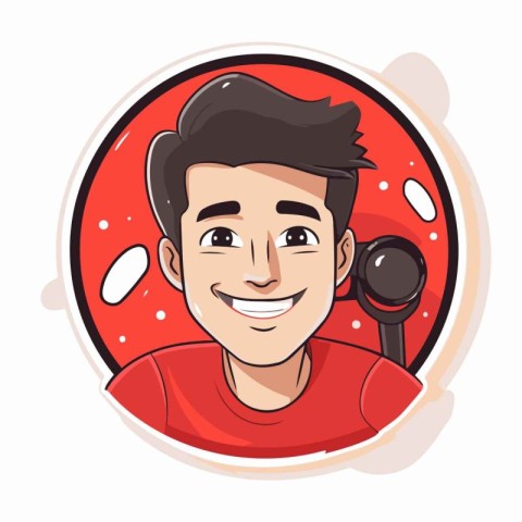 Vector illustration of a man in a red t-shirt with a microphone.