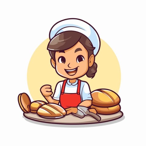 Cartoon baker girl with bread and buns. Vector illustration.