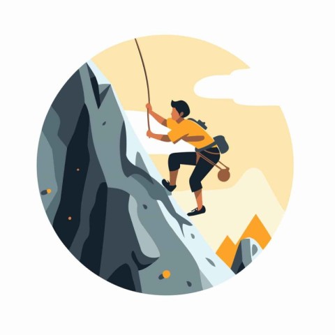 Climbing vector illustration. Flat design of man climbing on roc