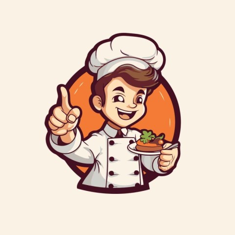 Chef boy holding plate with salad and thumbs up. Vector illustra