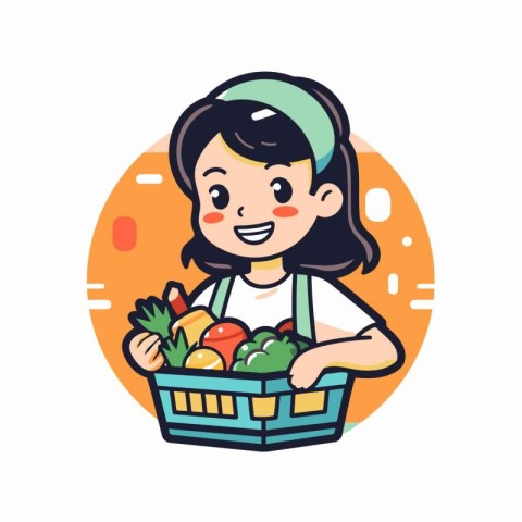 Cute girl with basket full of fresh vegetables. Vector illustrat