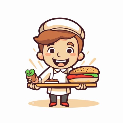 Chef with hamburger and sausage - Vector Character Cartoon Illus