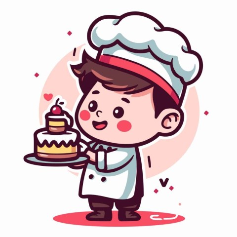 Cute chef boy holding cake. Vector illustration in cartoon style