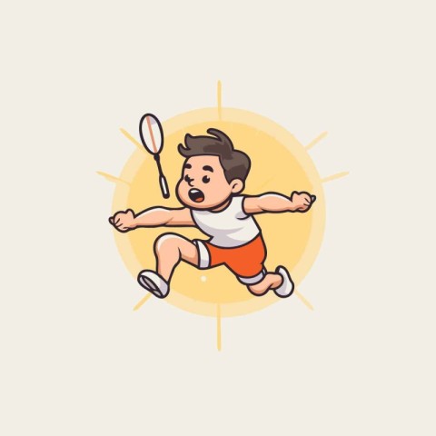 Illustration of a little boy playing badminton. Vector illustrat