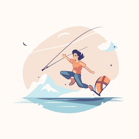 Kitesurfing. Man riding a kite on the water. Vector illustration