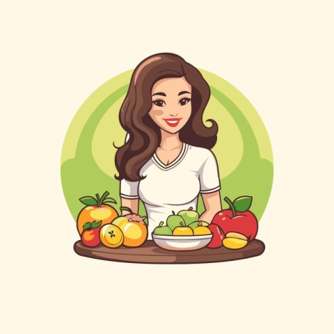 Young woman with fresh fruits and vegetables. Vector illustratio