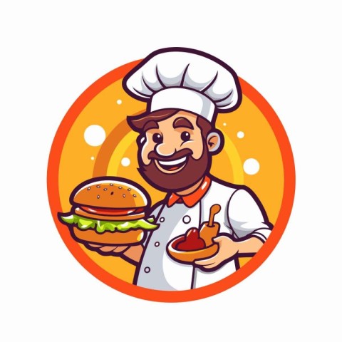 Chef with hamburger. Vector illustration in cartoon style on whi