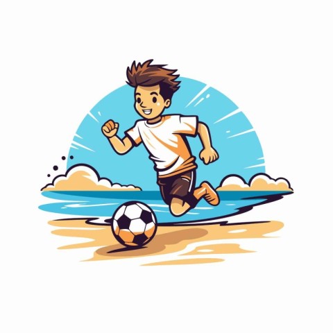 Soccer player running with ball on the beach. Vector illustratio