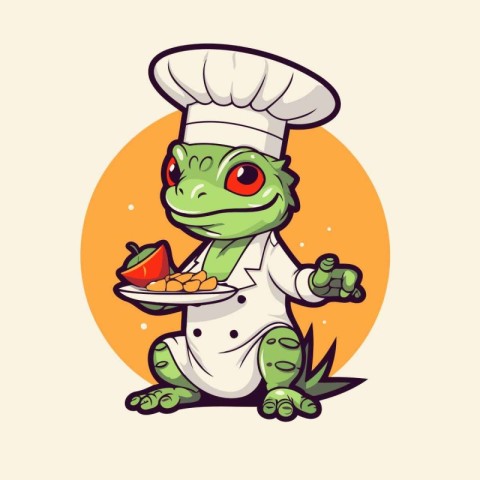 Frog chef cartoon character with food in his hand. Vector illust