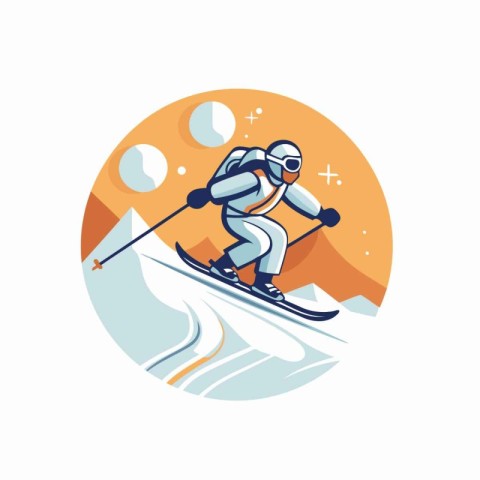 Skiing vector icon. Skier in helmet skiing downhill on piste