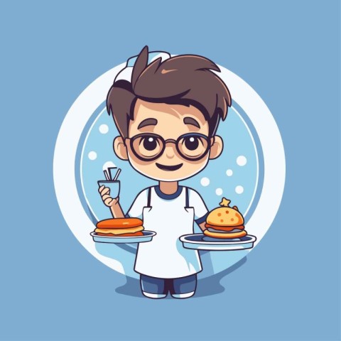 Cute cartoon boy holding a plate with food. Vector illustration.