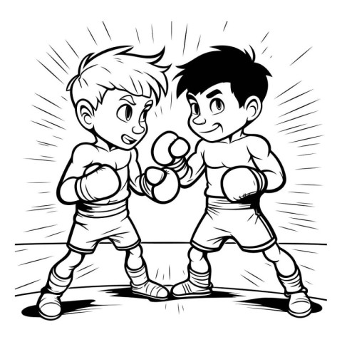 Boxing Kids - Black and White Cartoon Illustration. Vector Art