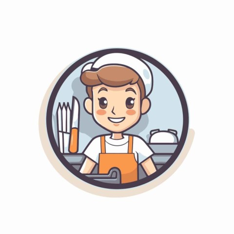 Cute boy in chef hat and apron. vector illustration.