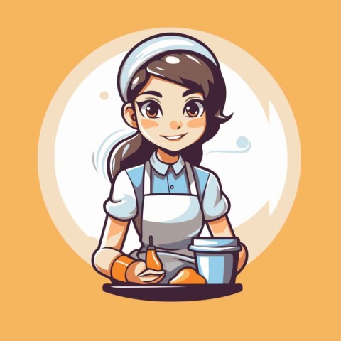 Cute girl chef with a cup of coffee cartoon vector illustration.