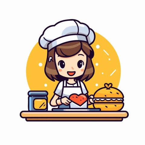 Cute little chef girl cooking in the kitchen. Vector illustratio