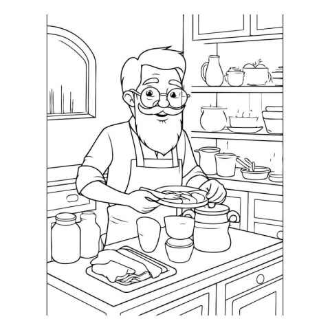 Senior man cooking in the kitchen. Black and white vector illust