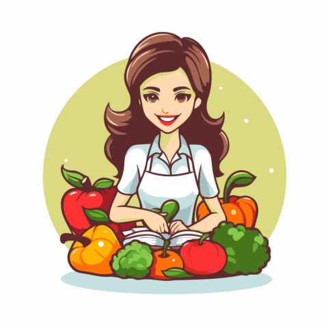 Woman in apron with fresh fruits and vegetables. Vector illustra