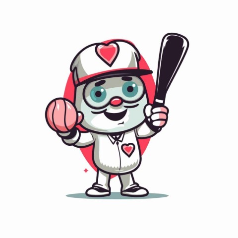 Cute baseball player cartoon character with baseball bat. Vector