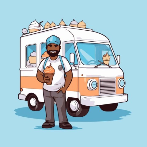 African american man with ice cream truck. Vector illustration i