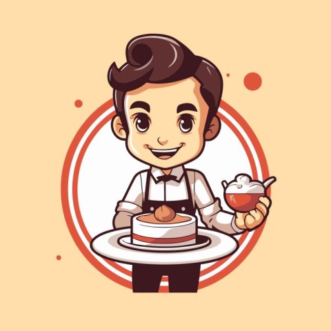 Cute cartoon chef with cake. Vector illustration in cartoon styl