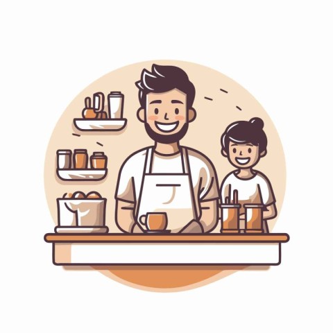 Cute little boy and his father cooking in the kitchen. Vector il