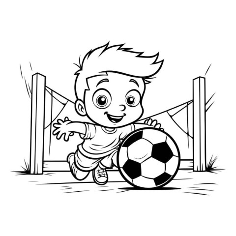 Soccer Boy with Soccer Ball - Black and White Cartoon Illustrati