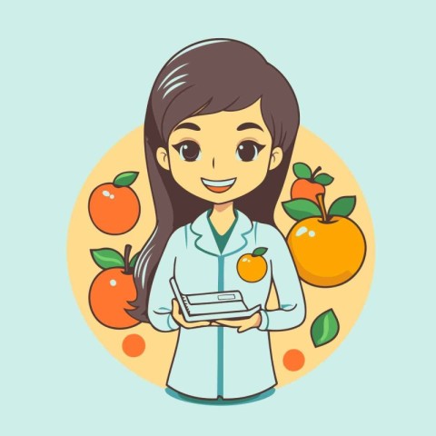 Girl doctor with apple. Vector illustration in a flat style. Hea