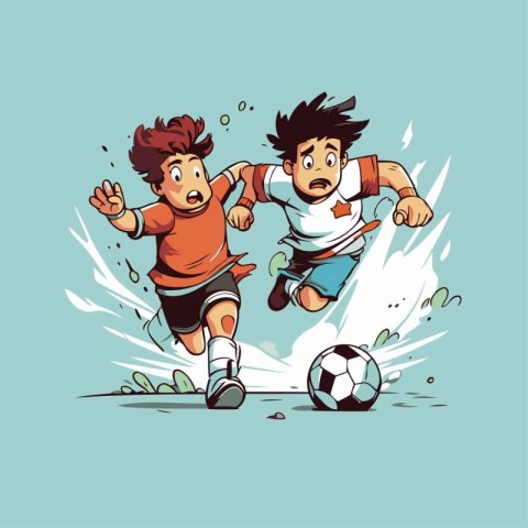 Cartoon soccer players fighting for the ball. Vector illustratio