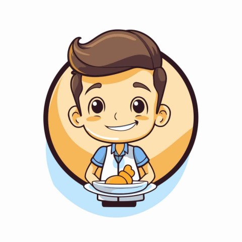 Cute cartoon boy with a plate of pancakes. Vector illustration.