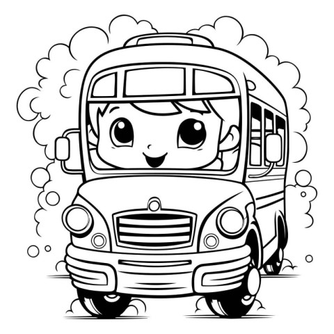 Black and White Cartoon Illustration of Cute Schoolgirl Driving