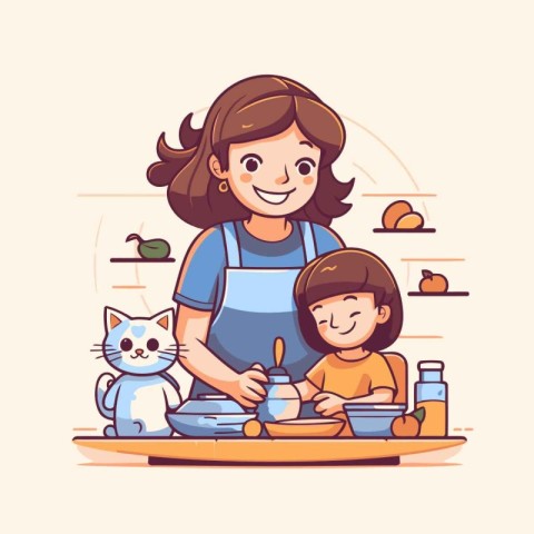 Mother and her son cooking together. Vector illustration in cart