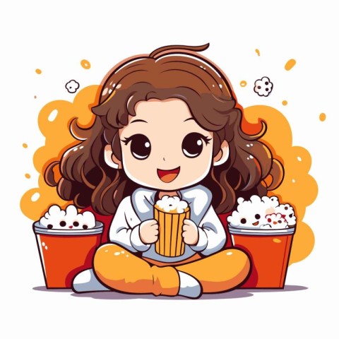 Cute girl eating popcorn and drinking beer. Vector cartoon illus