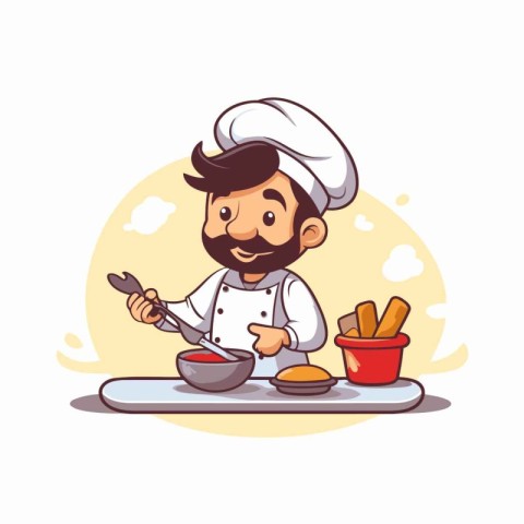 Chef with a ladle in his hand. Vector illustration.