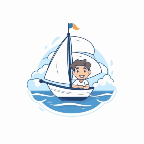 Boy on a sailboat in the sea. Vector flat illustration.