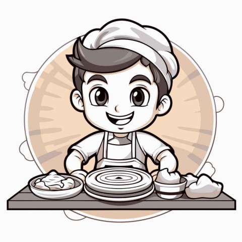 Illustration of a Cute Boy Cooking a Dish on a Plate