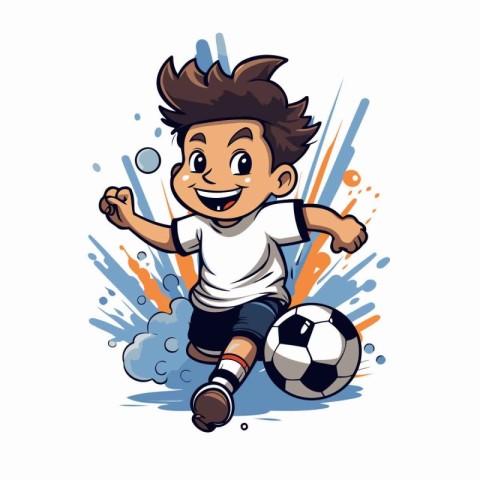 Cartoon soccer player with ball. Vector illustration on white ba