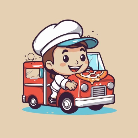 Cartoon boy chef and fast food truck. Vector cartoon illustratio