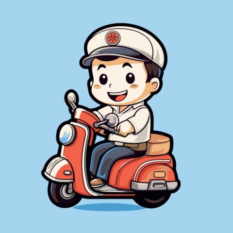 Cute boy driving a scooter on a blue background. Vector illustra